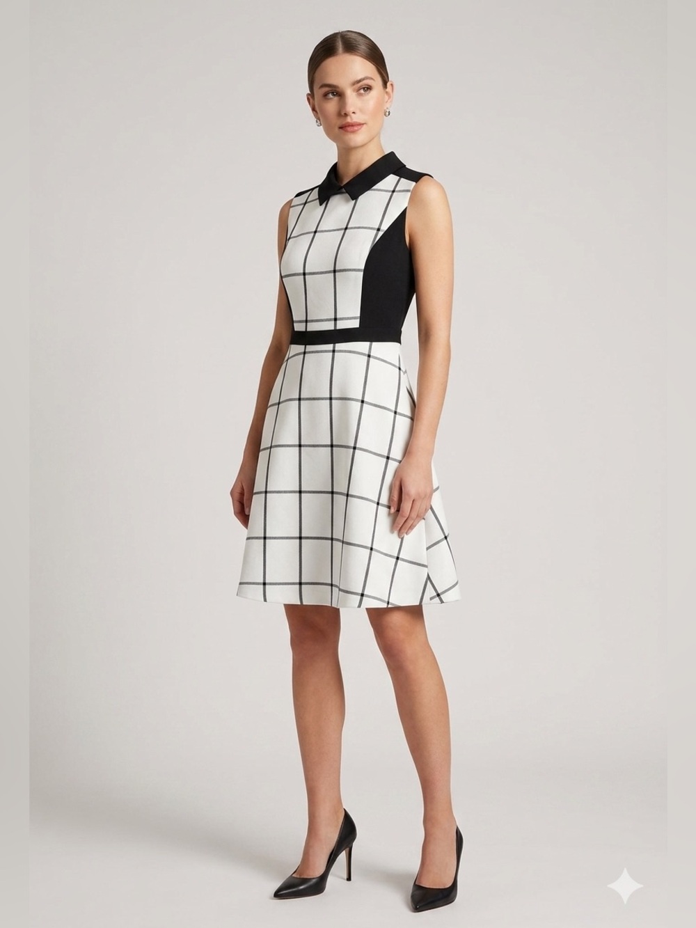 LOFT Petites 0 Dress 0P Black White Windowpane Grid Collared Fit Flare